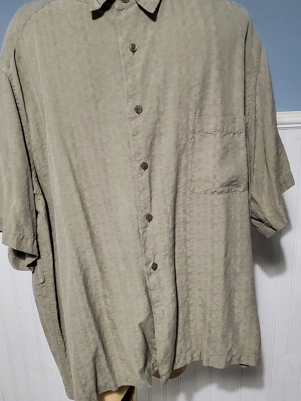 Vintage Claiborne Men's Short-Sleeve Button-Down Silk Shirt Light Beige Size XXL